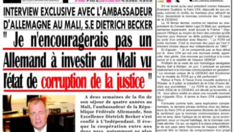 Mali: l'ambassadeur d'Allemagne parle de «corruption» et fâche des magistrats