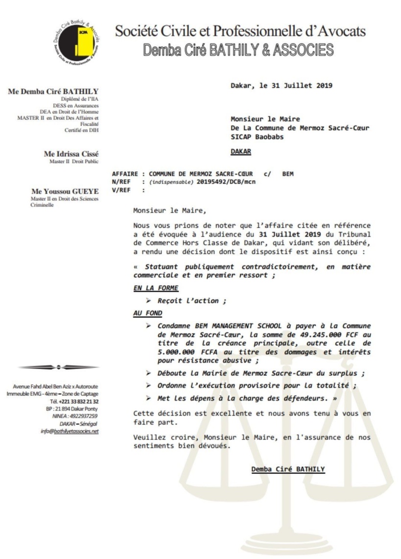 Le tribunal de Hors classe de Dakar condamne BEM à payer plus de 54 millions à la commune de Mermoz-Sacré-coeur Le tribunal de Hors classe de Dakar condamne BEM à payer plus de 54 millions à la commune de Mermoz-Sacré-coeur