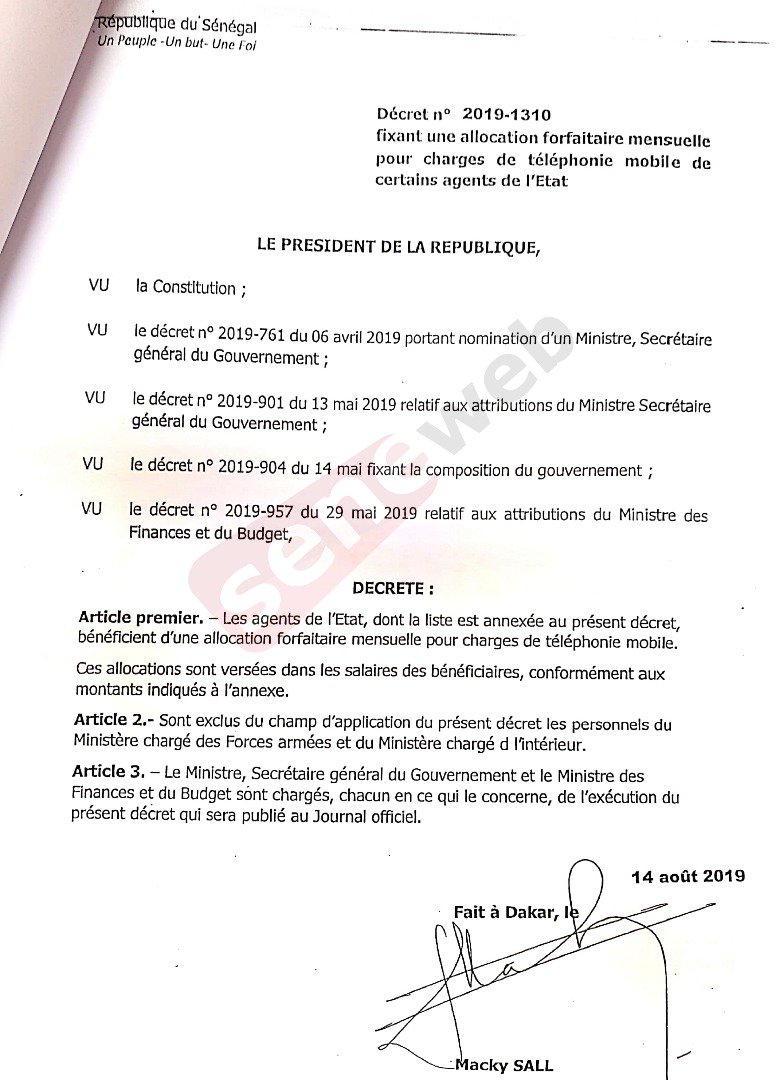 Réduction de la facture téléphonique de l'Etat: Macky sort un décret et des forfaits allant de 300 000 à 25 000 Fcfa par mois