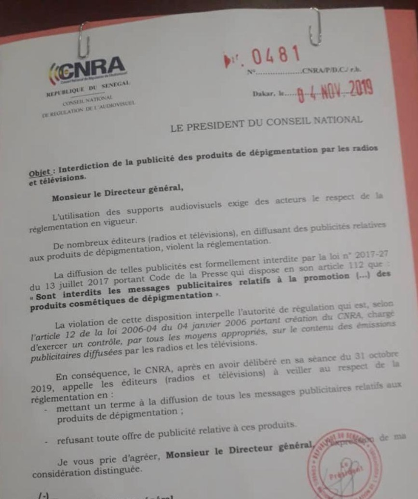 Publicité sur la dépigmentation ou « Xessal  » :  le Cnra demande le respect des textes 