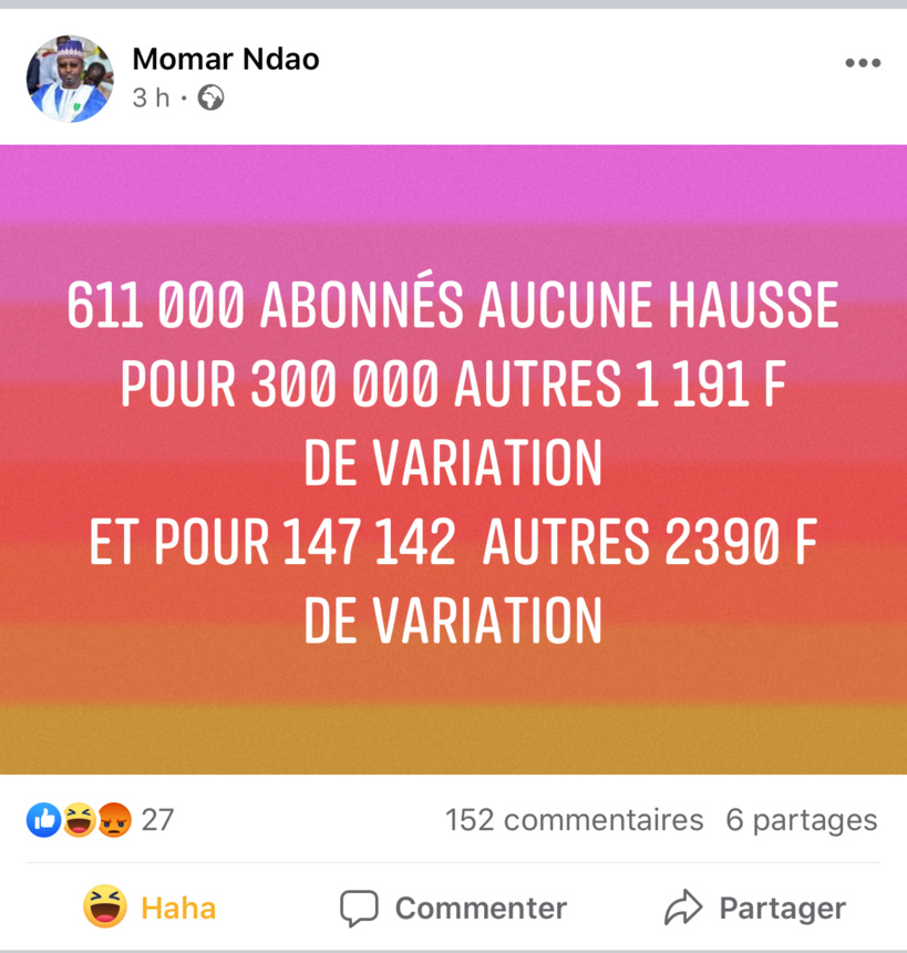Facebook: Momar Ndao défend la hausse du prix de l'électricité, reçoit plus d'une centaine d'injures et nettoie les commentaires de son post Facebook: Momar Ndao défend la hausse du prix de l'électricité, reçoit plus d'une centaine d'injures et nettoie les commentaires de son post