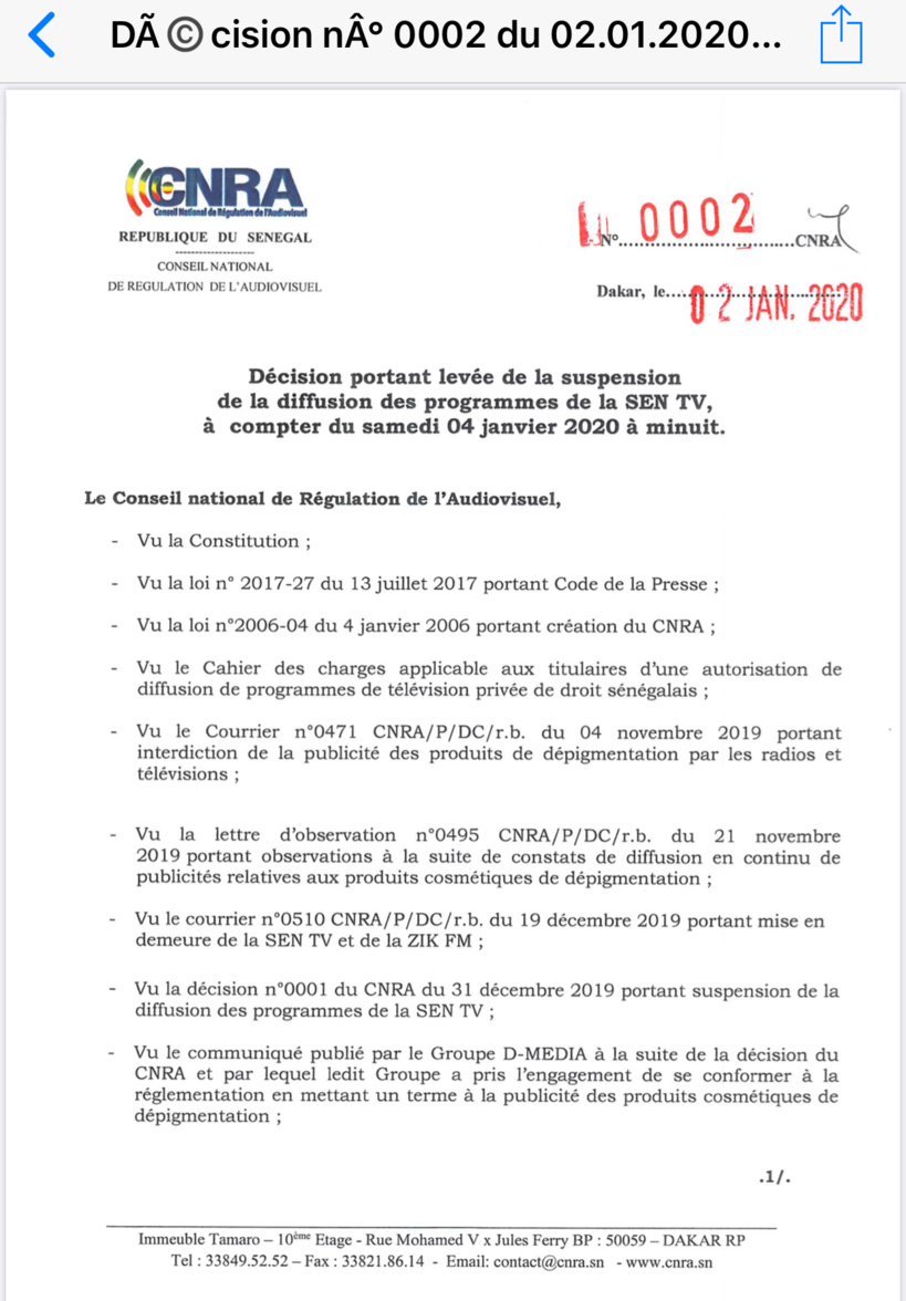 Le CNRA lève la suspension des programmes de la SEN TV (Document) Le CNRA lève la suspension des programmes de la SEN TV (Document)