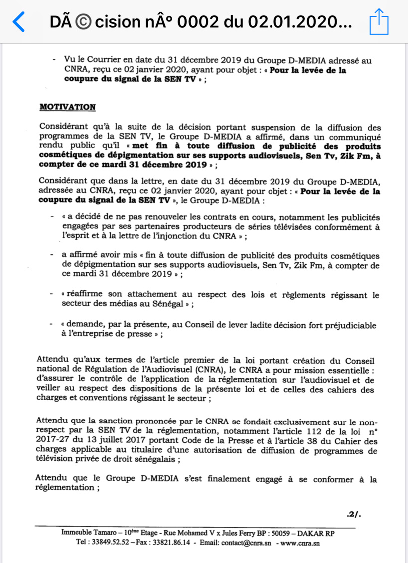 Le CNRA lève la suspension des programmes de la SEN TV (Document) Le CNRA lève la suspension des programmes de la SEN TV (Document)