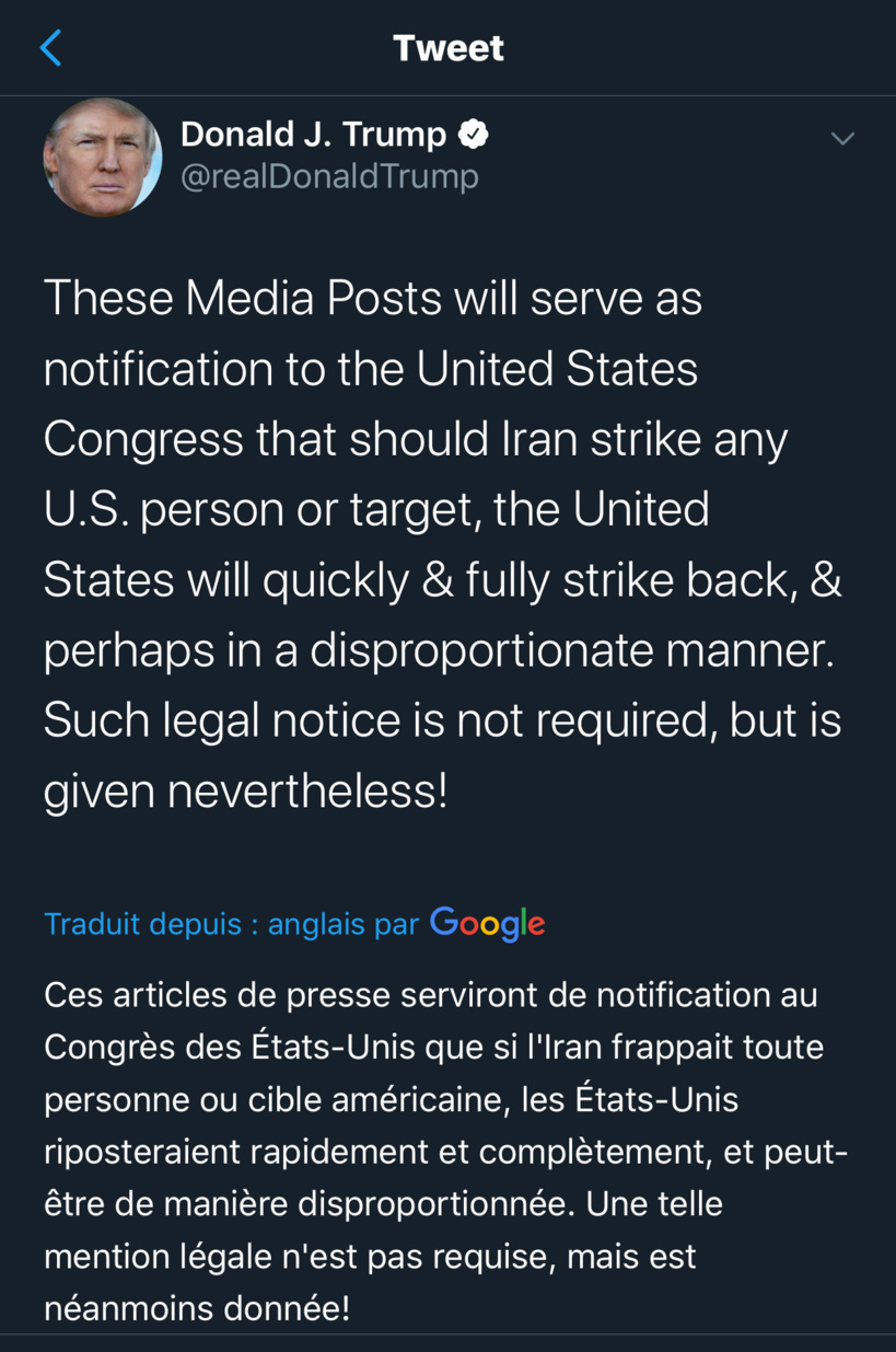 Trump choisit Twitter pour s’adresser au Congrès: « si l’Iran attaque une cible américaine, les Etats-Unis répliqueront de manière disproportionnée » Trump choisit Twitter pour s’adresser au Congrès: « si l’Iran attaque une cible américaine, les Etats-Unis répliqueront de manière disproportionnée »