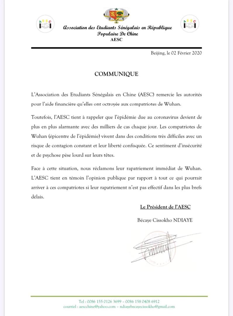 L’Association des étudiants sénégalais en Chine réclame le rapatriement immédiat de leurs camarades de Wuhan