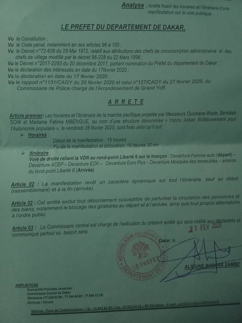 La marche de Noo Lank de ce vendredi autorisée (Document)