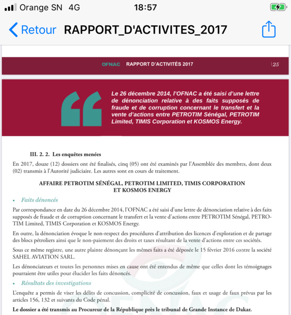 Rapport 2017 OFNAC: PETROTIM, Kosmos Energy épinglés pour les délits de concussion, faux et usage de faux... le dossier sur la table de procureur Rapport 2017 OFNAC: PETROTIM, Kosmos Energy épinglés pour les délits de concussion, faux et usage de faux... le dossier sur la table de procureur