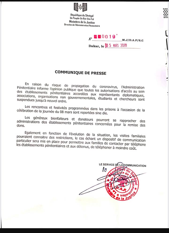 #Coronavirus - L’Administration pénitentiaire brandit une interdiction de visites dans les prisons