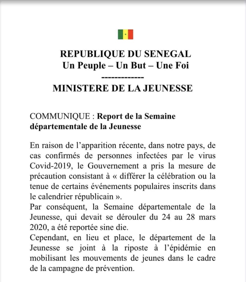 Le ministre de la Jeunesse reporte la « Semaine départementale » qui était prévue du 24 au 28 mars