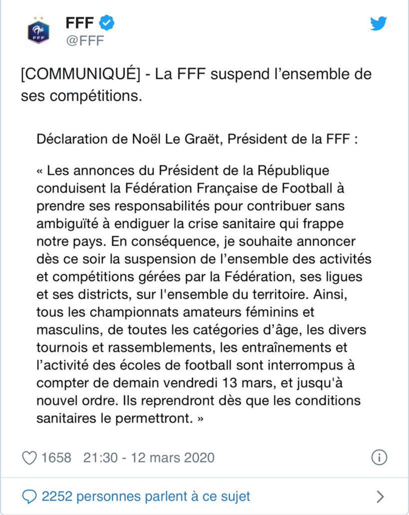 Coronavirus : la FFF suspend l'ensemble de ses compétitions