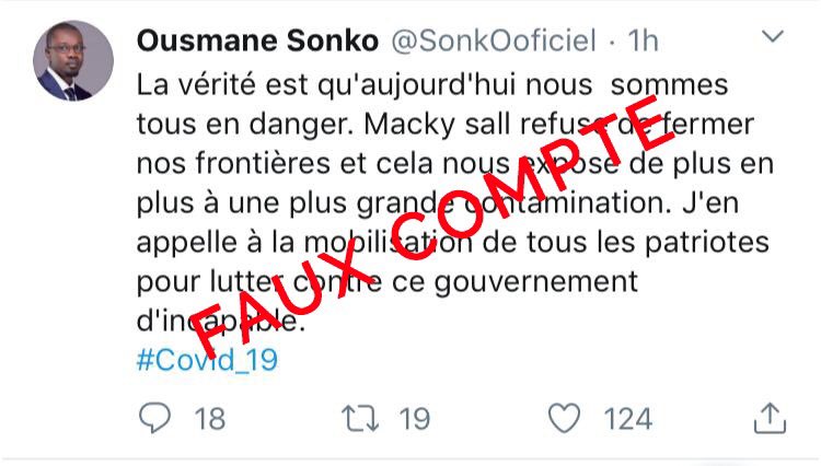 #Coronavirus - Ousmane Sonko rompt le silence pour démentir un faux compte Twitter en son nom
