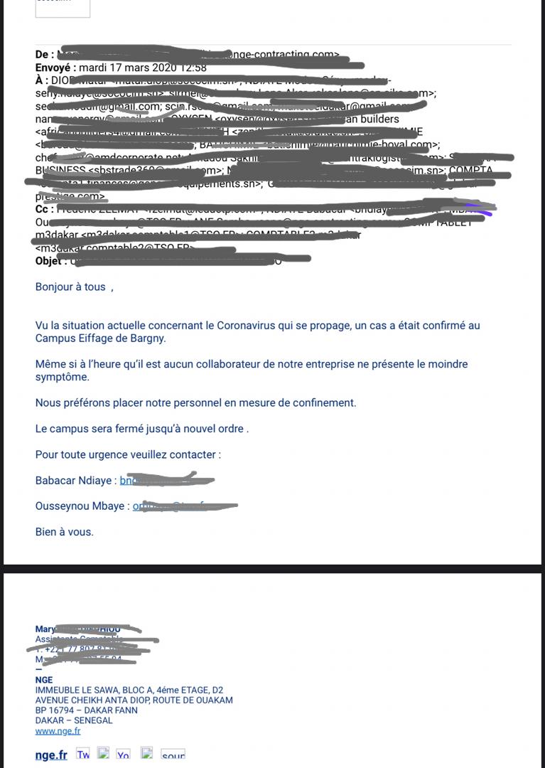 Dernière minute - Eiffage Campus Bargny annonce un cas confirmé de Covid-19 et le confinement de son personnel (Mail)
