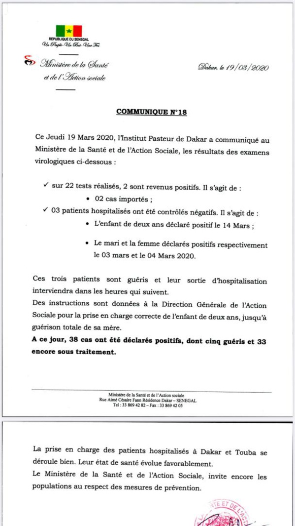 #Covid 19: l'expansion de la maladie se poursuit au Sénégal, avec 2 nouveaux cas positifs, 3 patients guéris