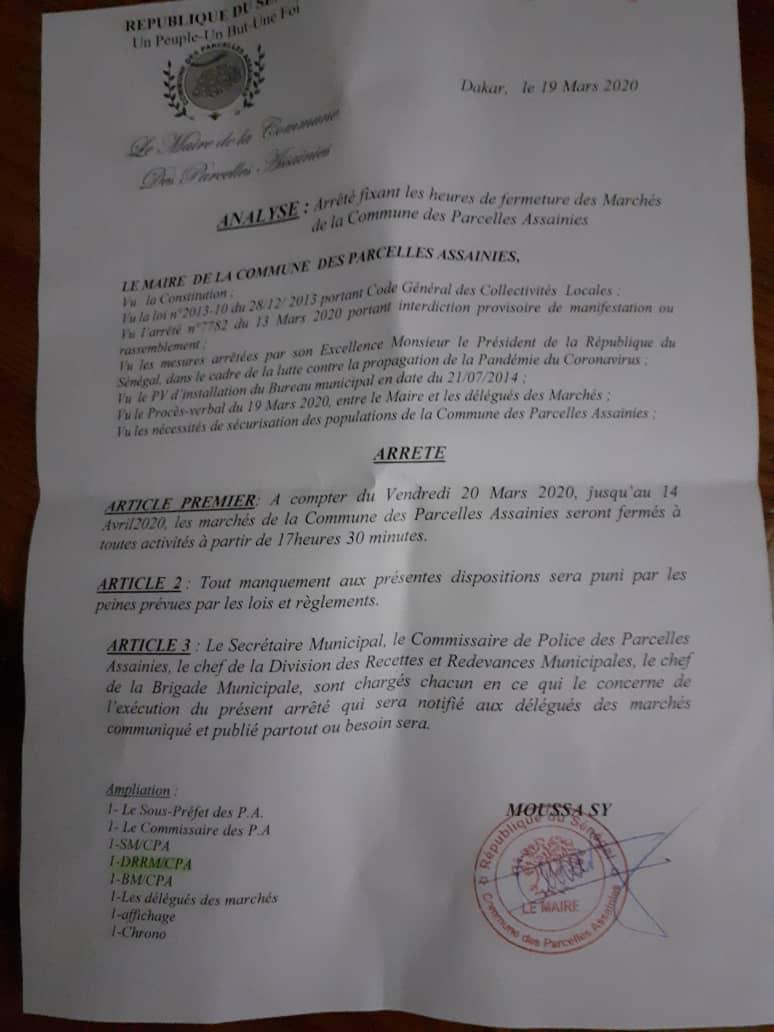 #Covid_19_ParcellesAssainies - Le maire Moussa Sy ordonne un allègement des heures de fermeture des marchés 