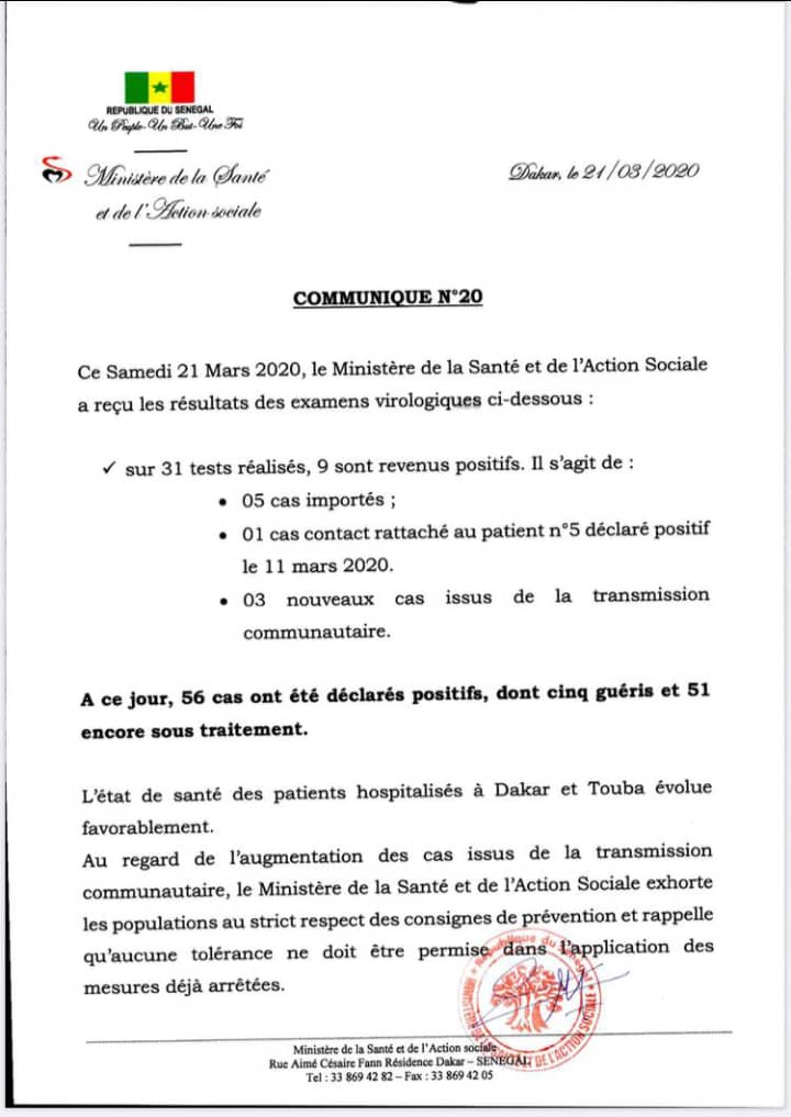 ​#Covid19 : neuf (9) nouveaux cas au Sénégal, soit un total de 51 sous traitement (ministre)