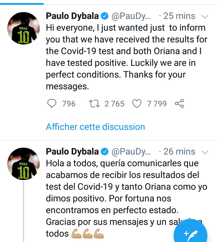 #Coronavirus: Paulo Dybala et sa femme testés positifs