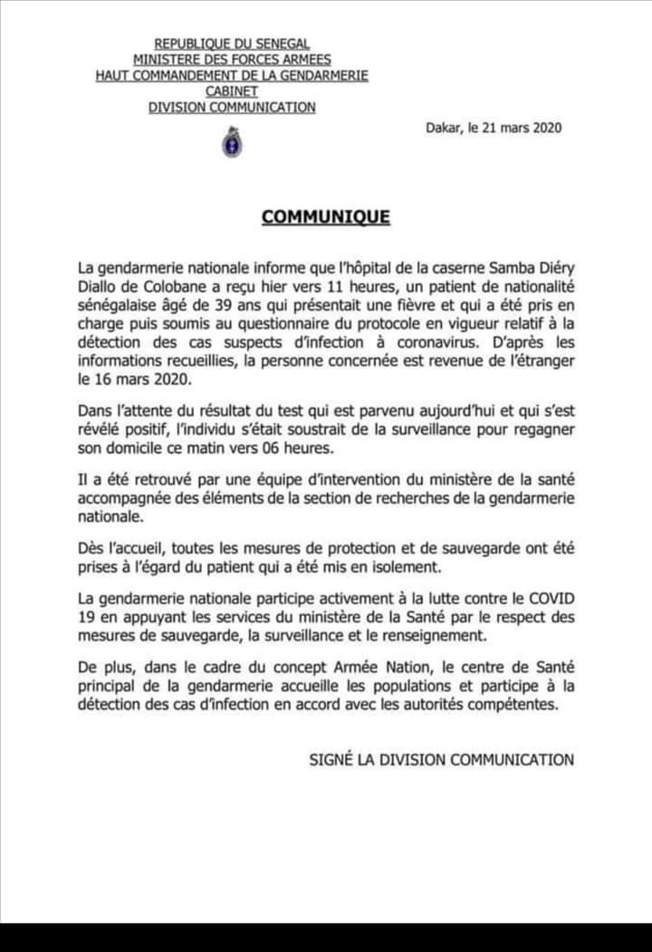 #Covid19- les explications de la gendarmerie sur le cas positif qui a quitté le camp Samba Diéry Diallo