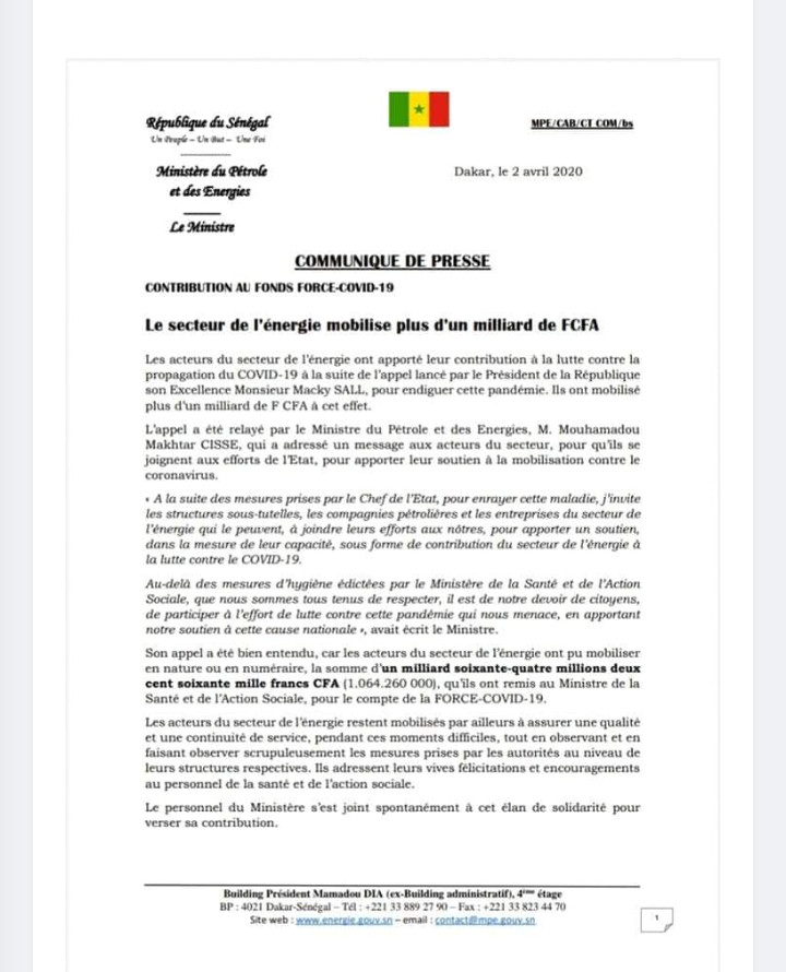 Force Covid-19: Le ministre du Pétrole Makhtar Cissé débloque plus d'un (1) milliard 