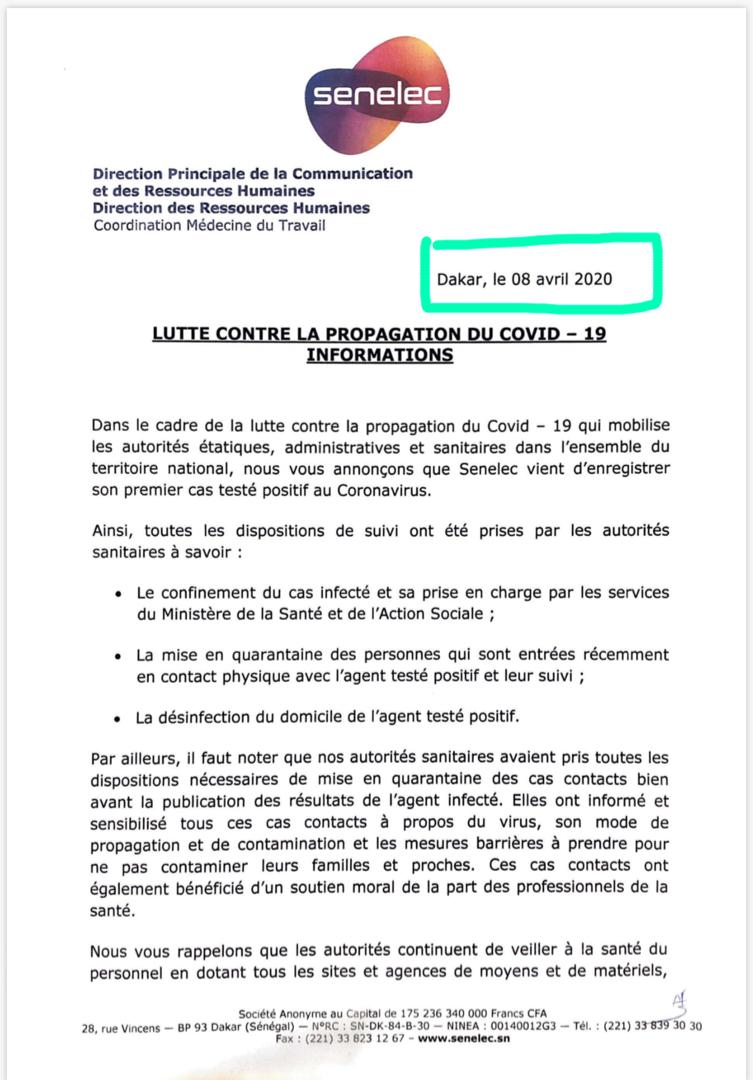 Coronavirus: Un cas positif annoncé à la Senelec, le malade est pris en charge par les autorités sanitaires (communiqué)