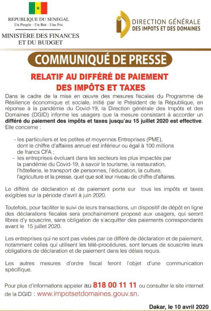 Déféré de paiement des impôts pour certaines entreprises : la DGID informe que la mesure est effective