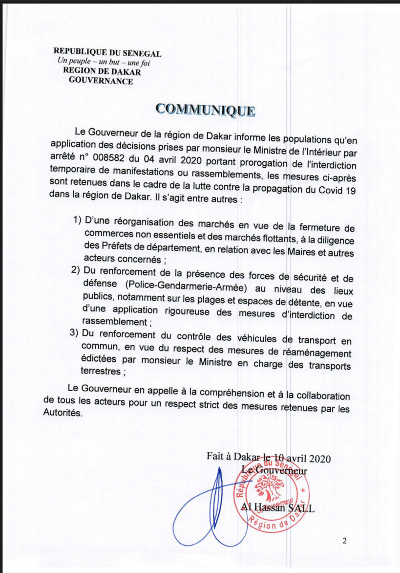 Les nouvelles mesures du Gouverneur de Dakar: fermeture de commerces non-essentiels, présence accrue des forces de l’ordre dans les lieux publics... Les nouvelles mesures du Gouverneur de Dakar: fermeture de commerces non-essentiels, présence accrue des forces de l’ordre dans les lieux publics...
