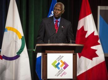 L'ancien président sénégalais Abdou Diouf, secrétaire général de la Francophonie, lors de la cérémonie d'ouverture du Forum Mondial de la langue française à Québec le 2 Juillet 2012. AFP PHOTO/ROGERIO BARBOSA