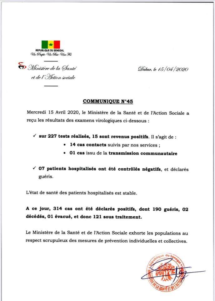 Point #Covid_19 de ce mercredi 15 avril 2020... 15 nouveaux cas positifs et 7 malades guéris