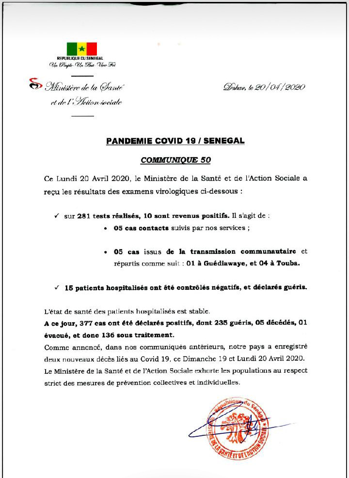 Covid19sn : 235 patients déclarés guéris contre 136 sous traitement depuis l’apparition de la pandémie