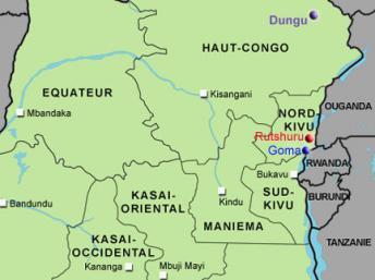 La Monusco et l'armée congolaise ont bombardé des positions militaires du M23 à Rutshuru, dans le Nord-Kivu. (Carte : Geoatlas)