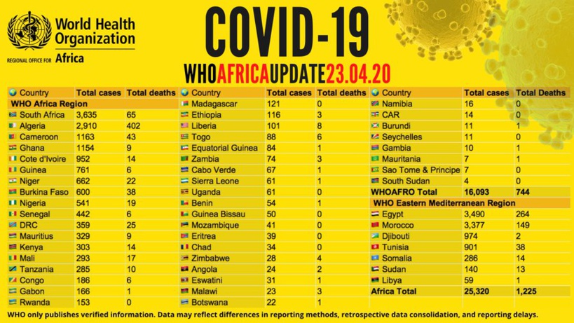 Coronavirus en Afrique: plus de 25 000 cas enregistrés, plus de 6 700 guérisons et 1 200 décès signalés (OMS)