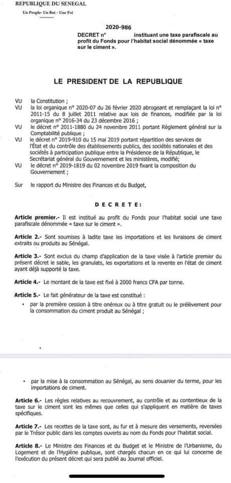 Macky décrète une nouvelle taxe de 2000 f Cfa sur la tonne de ciment
