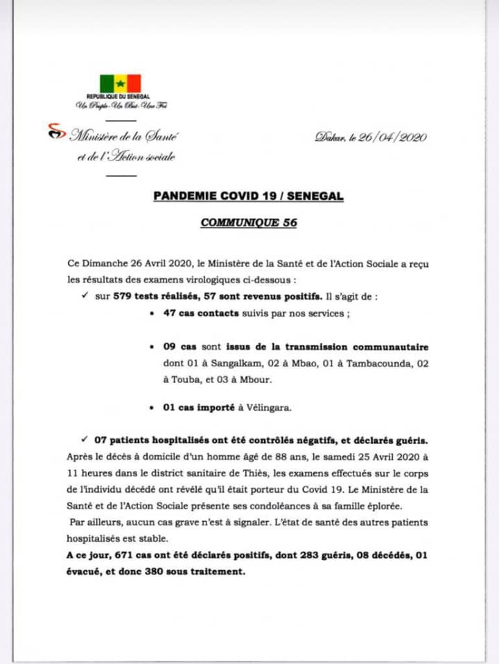 Covid19- 57 nouveaux cas ce dimanche, dont 1 cas importé à Vélingara et 9 communautaires