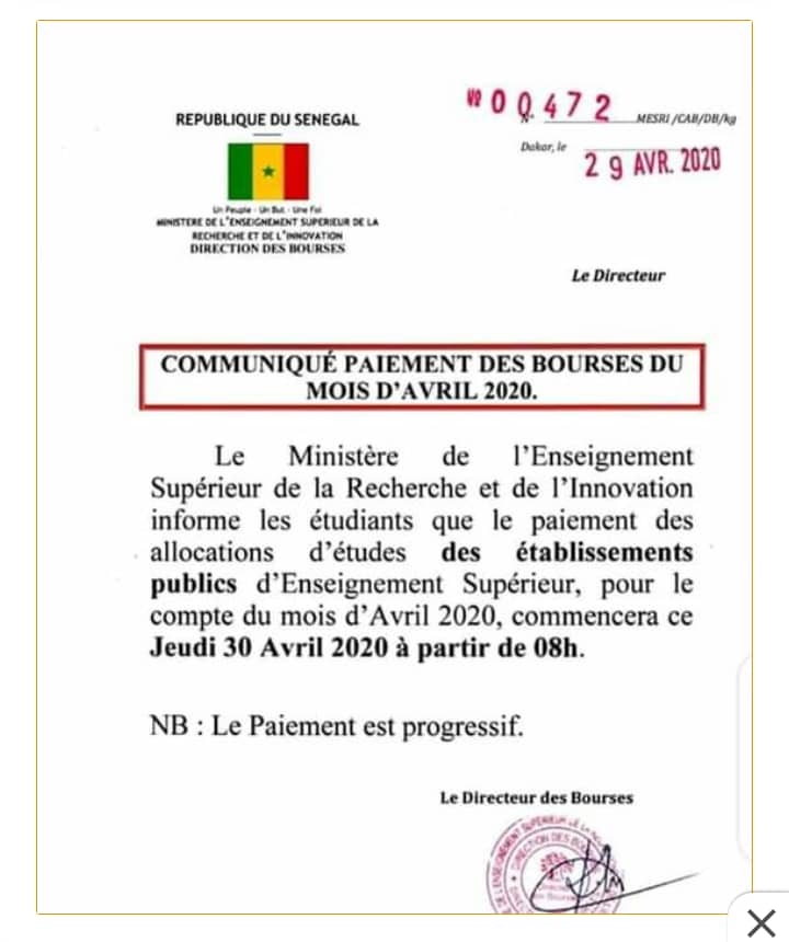 Etablissements publics :les bourses des étudiants payés à partir de ce jeudi (Ministère )