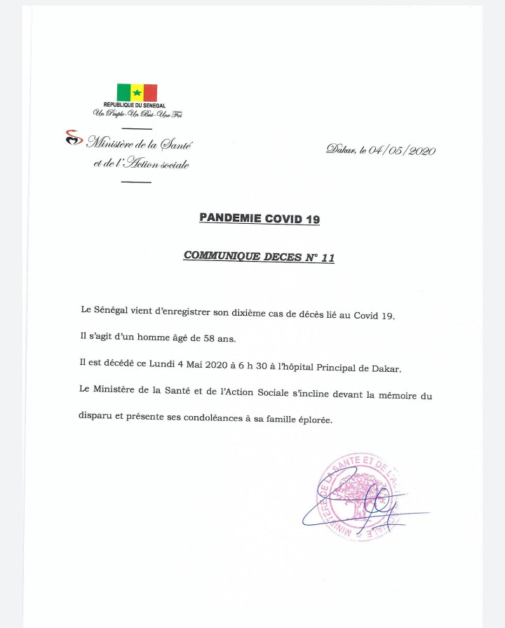 Le Sénégal enregistre son 10e décès lié au coronavirus, un homme âgé de 58 ans