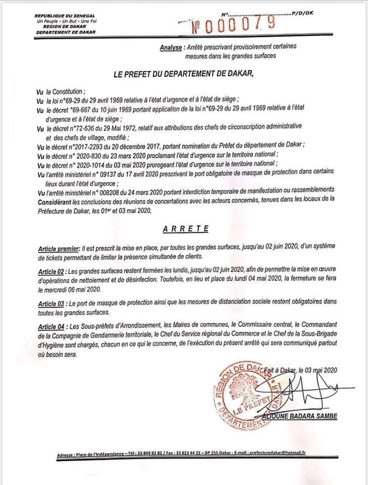 COVID-19 : les décisions du Préfet de Dakar sur les jours ouverture et de fermeture des marchés