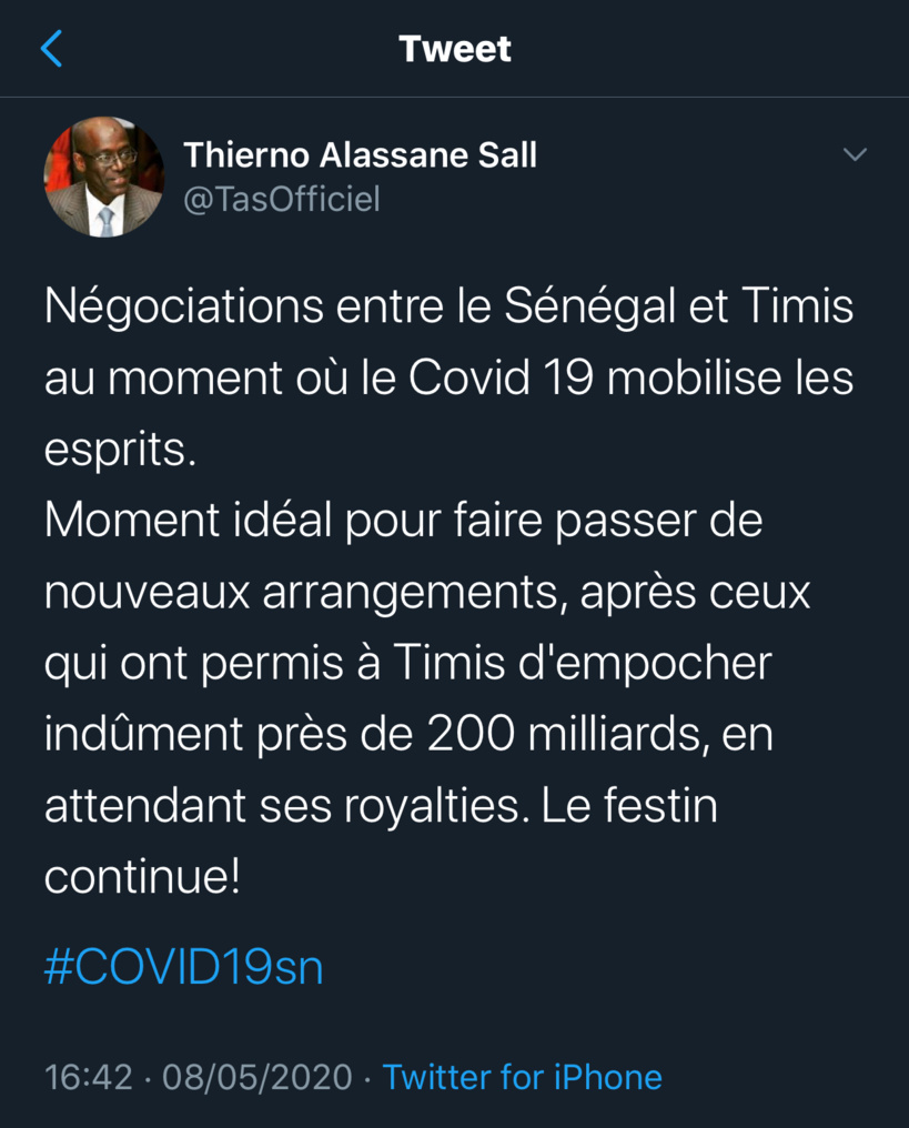Thierno Alassane Sall révèle des négociations secrètes entre l’Etat du Sénégal et Frank Timis