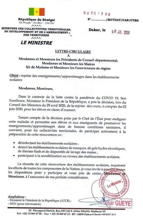 Réouverture des classes: le ministre Omar Gueye donnent aux chefs des collectivités territoriales des recommandations pour aider dans la prévention
