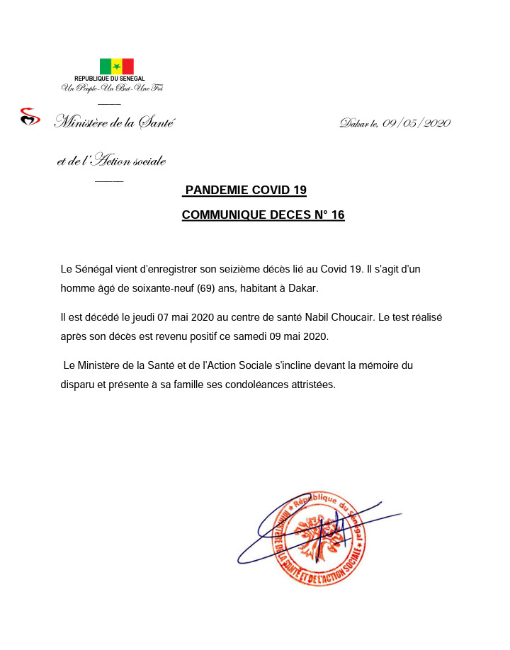 Sénégal: une personne décédée jeudi, testée positive au coronavirus ce samedi