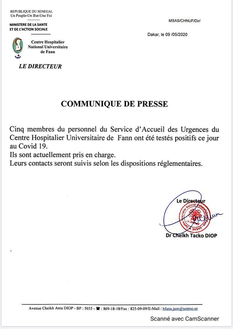 Coronavirus : 5 membres du personnel du service d'accueil de l'hôpital Fann testés positifs (communiqué)