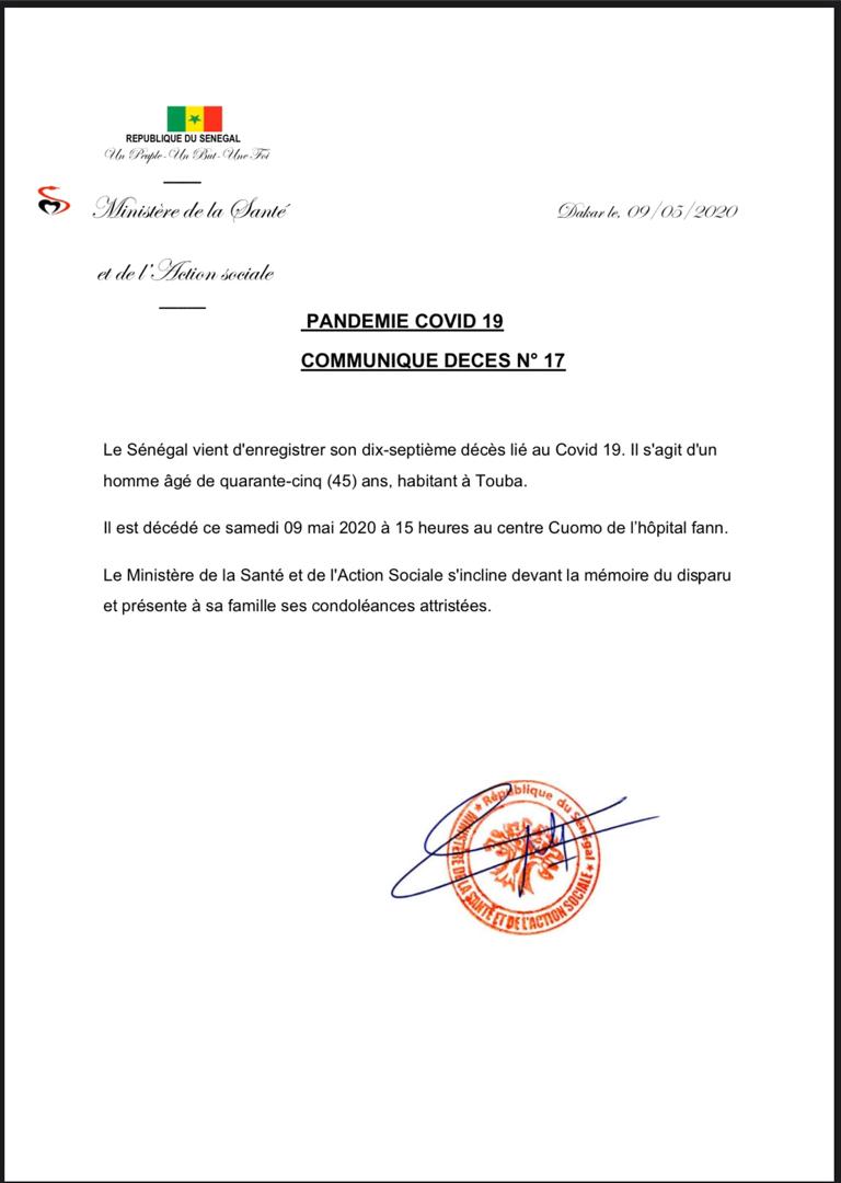 Sénégal: Un 17e décès lié au coronavirus, un homme âgé de 45 ans, habitant à Touba