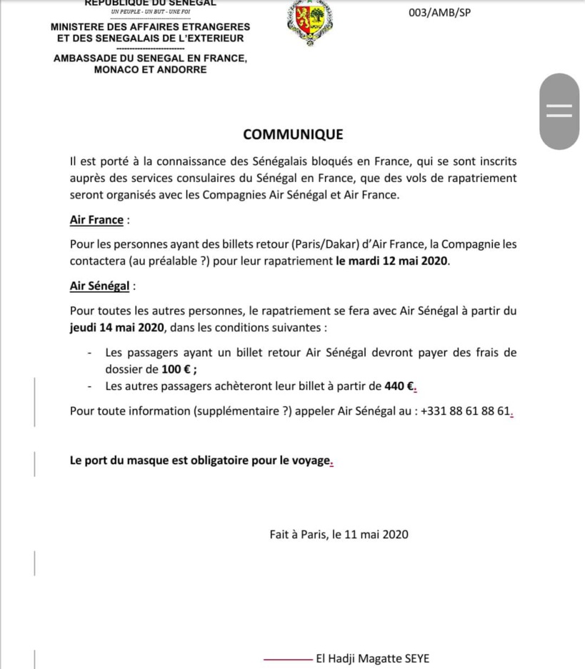 Sénégalais bloqués en France: des vols de rapatriement seront organisés pour le mardi 12 mai et jeudi 14 mai (ministère)