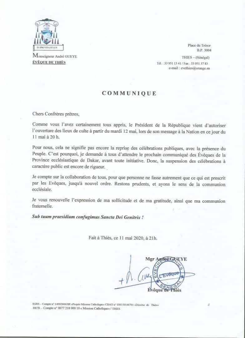 Coronavirus: la suspension des célébrations à caractère public est encore en vigueur, selon le Diocèse de Thiès