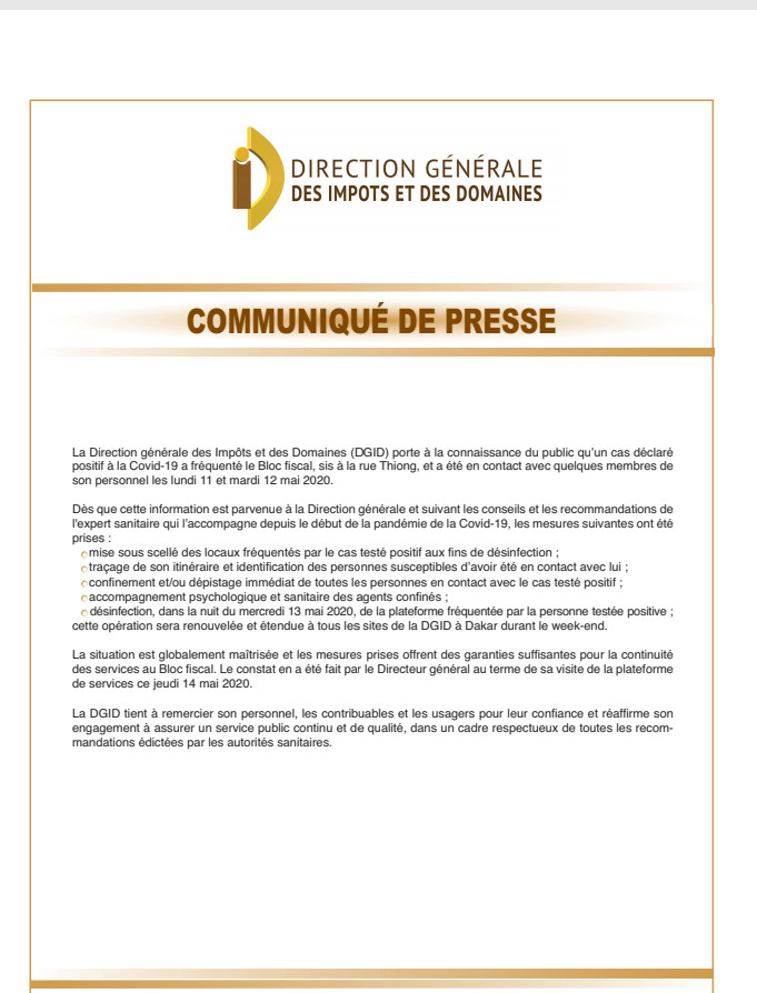 Cas positif présent à la Dgid : La direction affirme que la situation est globalement maîtrisée