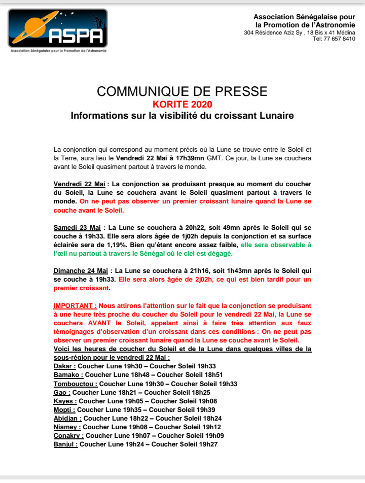 Korité 2020 : Informations sur la visibilité du croissant Lunaire