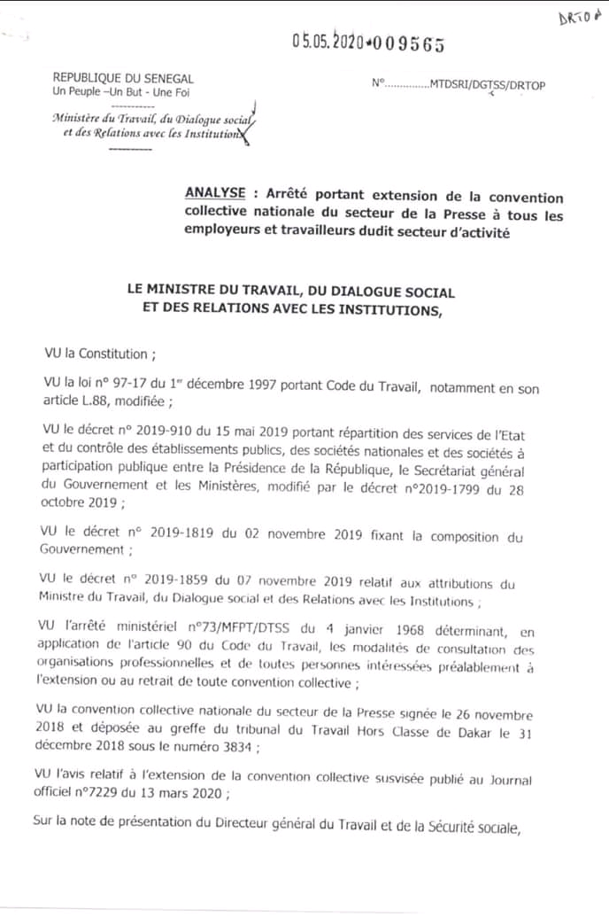 La Convention collective nationale du secteur de la presse signée: le ministre du Travail rend obligatoire les dispositions pour tous les employeurs et travailleurs