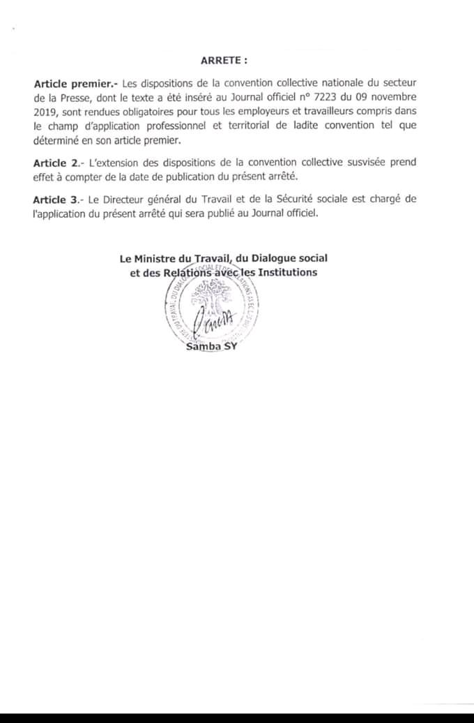 La Convention collective nationale du secteur de la presse signée: le ministre du Travail rend obligatoire les dispositions pour tous les employeurs et travailleurs
