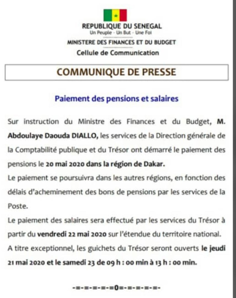 Les pensions de retraite payées ce mercredi, les salaires à partir de vendredi (Document) Les pensions de retraite payées ce mercredi, les salaires à partir de vendredi (Document)