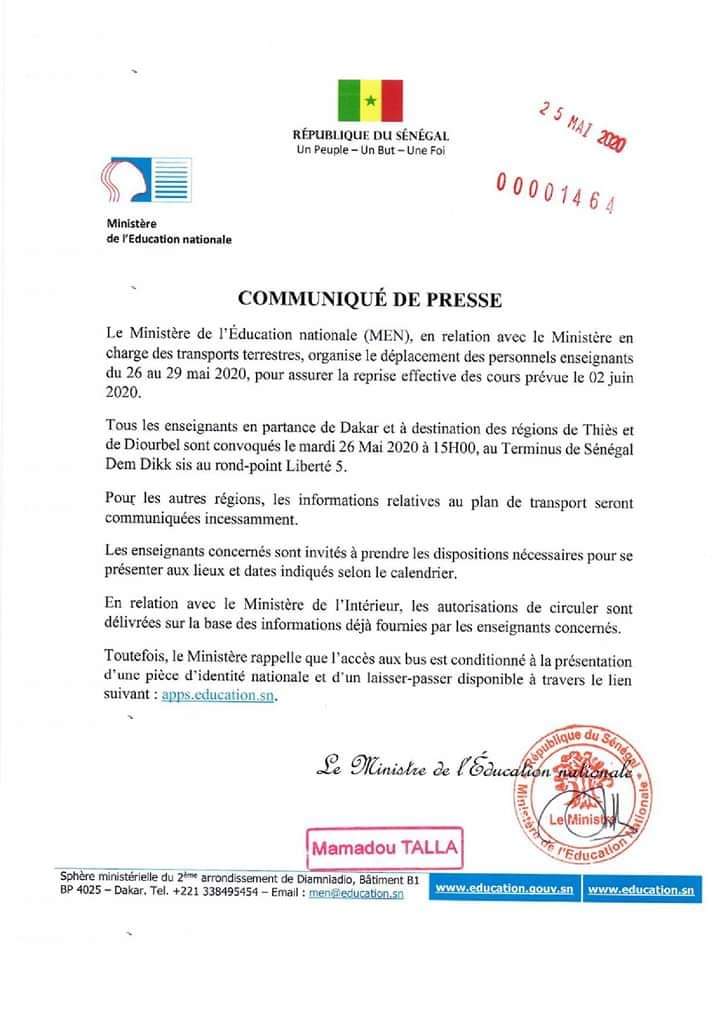 Reprise des cours le 2 juin: des bus DDD pour assurer la rotation des enseignants en partance de Dakar