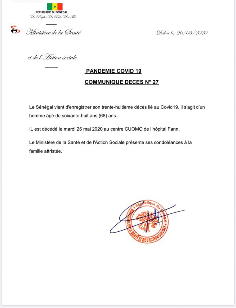 Le Sénégal enregistre un 38e décès : un homme de 68 ans Le Sénégal enregistre un 38e décès : un homme de 68 ans
