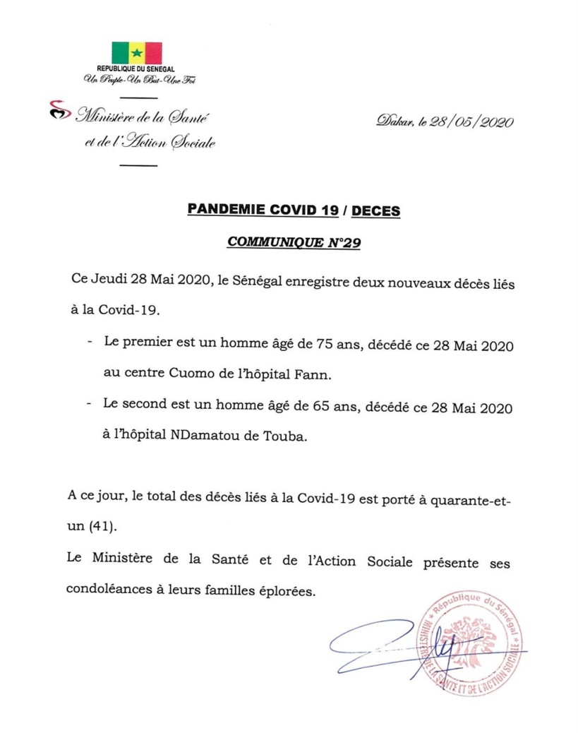 Coronavirus au Sénégal : deux décès supplémentaires, soit un total de 41 au 28 mai Coronavirus au Sénégal : deux décès supplémentaires, soit un total de 41 au 28 mai